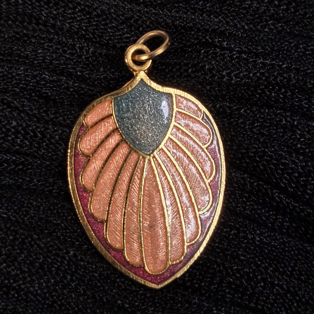 Vintage Enamel Fan Pendant Gold Tone Cloisonne Art Deco Revival 70s 80s